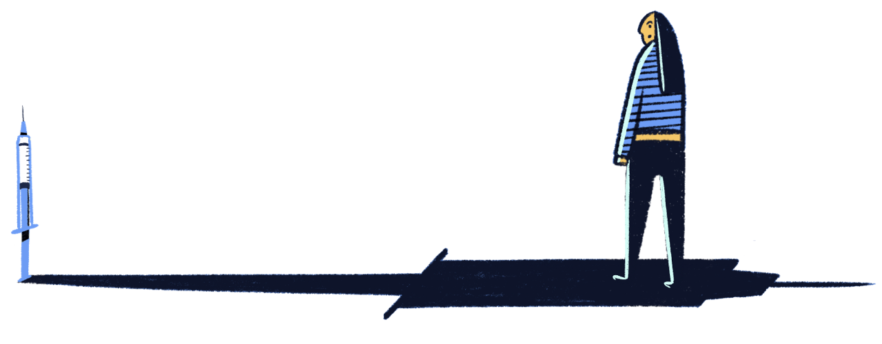 A woman stands in the shadow of an injection