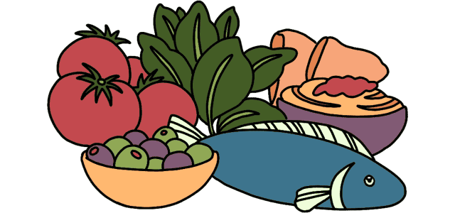 Tomato, leafy greens, pita bread, hummus, olives, fish.